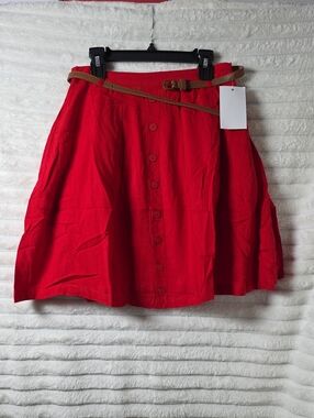 0591 Tulip B Red Button-Front Skirt with Tan Belt